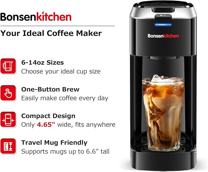 Bonsenkitchen Single Serve Coffee Maker K Cup Pod with 6-14oz Brew Size- 3 Min Fast Brewing Machine with Strength Control BPA-free Materials Fits 6.6 Travel Mugs Silver Upgrade