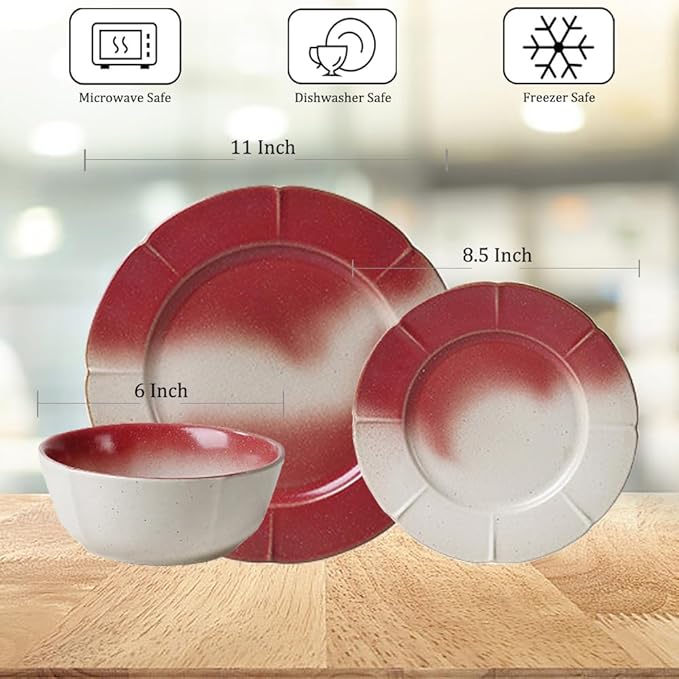 Ceramic Dinnerware Sets for 4 12 Pieces Dishes Set for Kitchen Porcelain Floral Plates and Bowls Set Microwave and Dishwasher Safe Scratch Resistant Underglaze painting (Gradient Red)