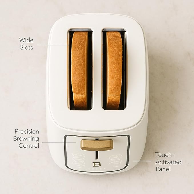 Bayfalcon 2 Slice Toaster with Touch-Activated Display White Icing Finish Wide Slots Bagel &amp Reheat Settings Adjustable Browning Removable Crumb Tray