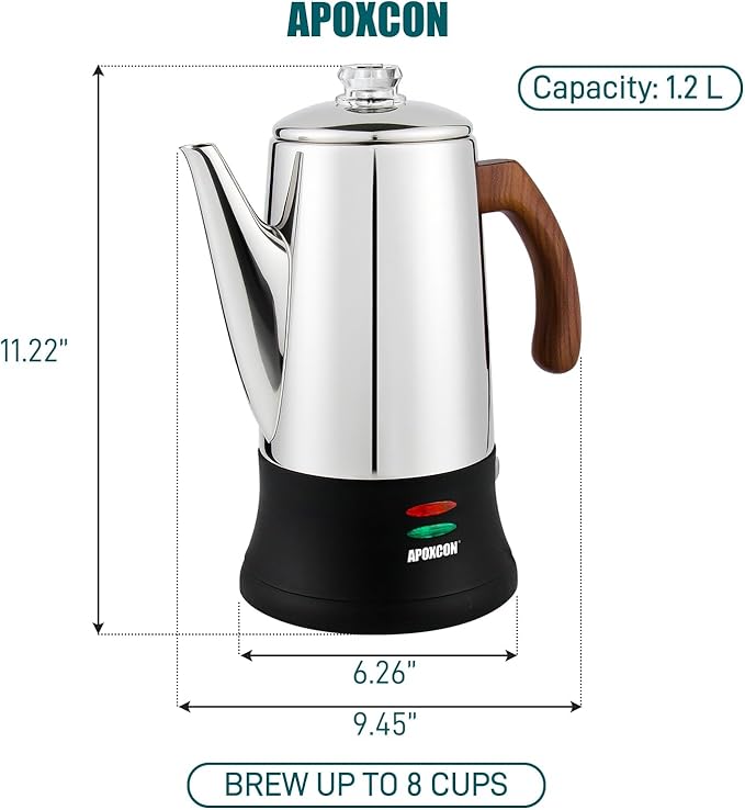 Electric Coffee Percolator Stainless Steel Coffee Maker with Two Heat Resistant Glass Knob &amp Treated Solid Wood Handle Keep Warm Cordless Serve Elegant Design Coffee Pot On/OFF Switch 8 Cup