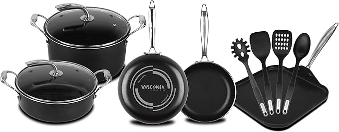 Vasconia 11-Piece Aluminum Cookware Set - Nonstick Pots and Pans with Lids - Dishwasher Oven Safe up to 475°F - Skillets Griddle Casserole Dutch Oven - Black