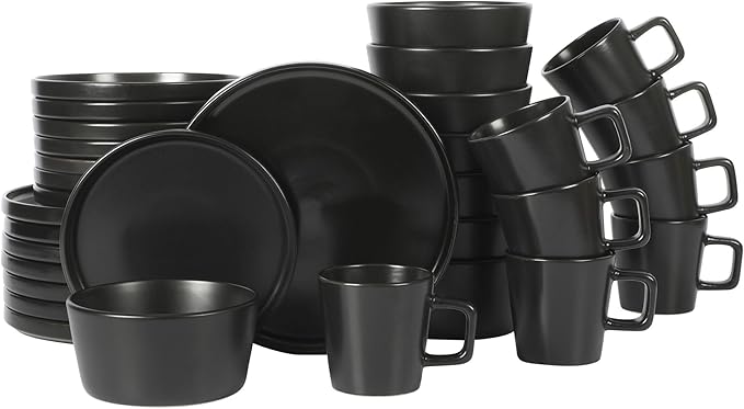 Soho Lounge 32-Piece Stoneware Dinnerware Set Black Solid Casual Round 32 Piece Dishwasher Safe