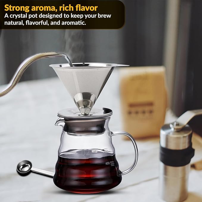 CASA BRAVA Glass Pour Over Coffee Maker Set – 28oz (850ml) Heat-Resistant Carafe with Stainless Steel Reusable Dripper Bamboo Stand &amp Measuring Spoon – Plastic-Free Drip Coffee Brewer