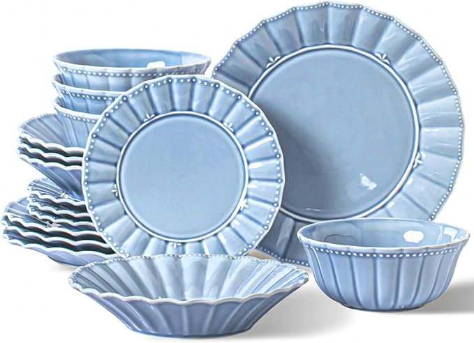 HOMBENE Dinnerware sets 16 Piece plates and bowls sets for 4 Ceramic dish set Porcelain dish set Farmhouse premium kitchen decor Microwavable safe Celestial Blue