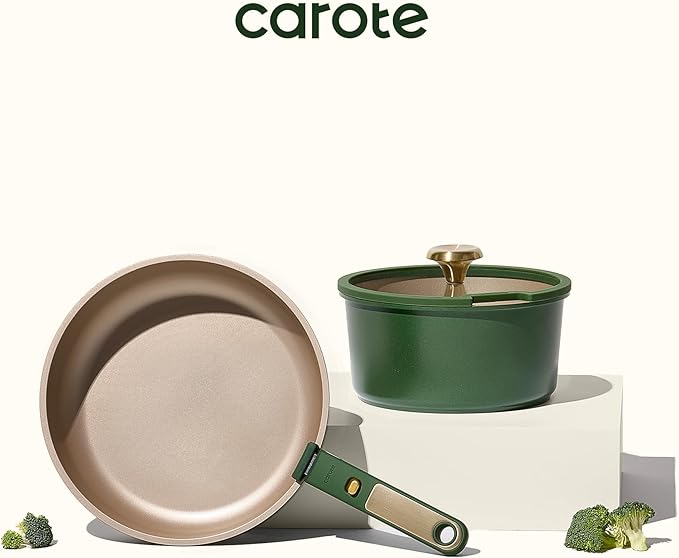 CAROTE Green&ampGold Nonstick Cookware Set15Pcs Pots and Pans Set Non Stick Detachable/Removable HandleKitchen Cooking Set Dishwasher Safe RV Kitchen Pot and Pan Induction Cookware