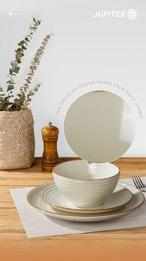 Famiware Jupiter Plates and Bowls Set with Coffee Mugs Set 16 Pieces Dinnerware Sets Vanilla White