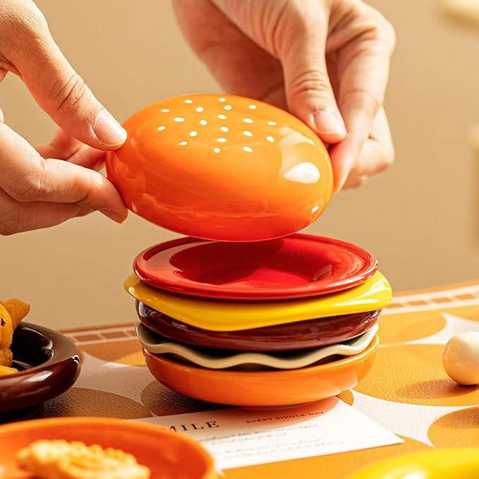 Hamburger Plate Set Ceramic Hamburger Plates And Bowls Sets 5-Piece Novelty Stackable Burger Dinnerware Set Cute Hamburg Style Dessert Plates Dishwasher Safety (Small-3.74 * 3.74 * 3.62 in)