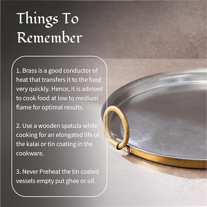 P-TAL Set of Brass Dosa Tawa + 250ml Brass Ghee Pot with Spoon Cookware Set Non-Toxic and Teflon Free Combo Ptal Utensils 12 in Dosa Tawa and 250 ml Golden