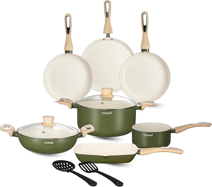 Cook &amp Serve 11 Piece Ceramic Non Stick Cookware Set with Lid Kadhai Fry Pan Dosa Tawa Saucepan Casserole Grill Pan 2 Nylon Tools