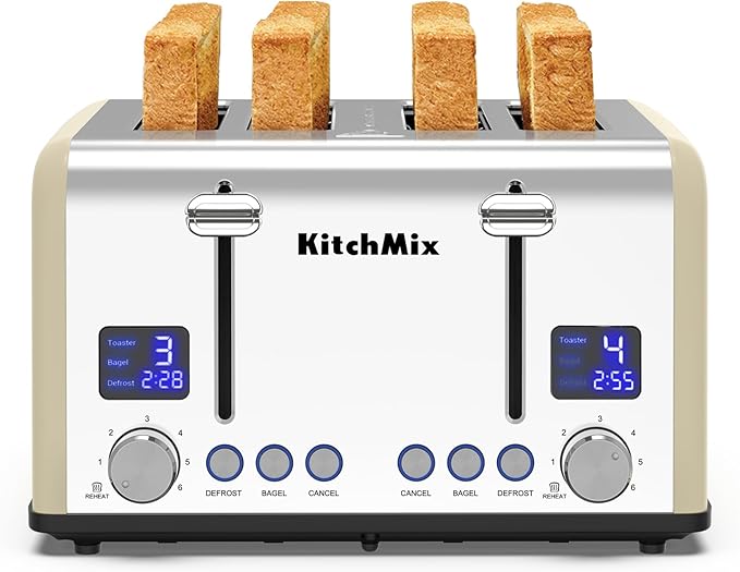 Toaster 4 Slice KitchMix Bagel Stainless Toaster with LCD Timer Extra Wide Slots Dual Screen Removal Crumb Tray (Cream)