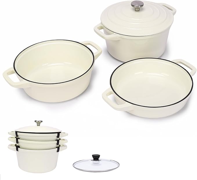 Hisencn Stackable Enamel Cookware Set 5-Piece – 5.2QT Pot with Lid 10-in Skillet 4QT Frying Pan with Universal Glass Lid Space-Saving Design Oven and Stovetop Safe (Up to 500°F) Cream White
