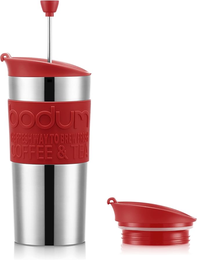 Bodum K11067-04 TRAVEL PRESS SET Vacuum Insulated Piston Mug Double-Walled Stainless Steel with Extra Lid 0.35 L