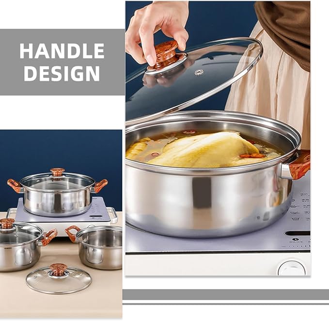 12-Piece Stainless Steel Cookware Set Flat Bottom Frying Pan Soup Pot Milk Pot and Kettle Dishwasher Safe Induction Compatible Thickened Design for Home Cooking
