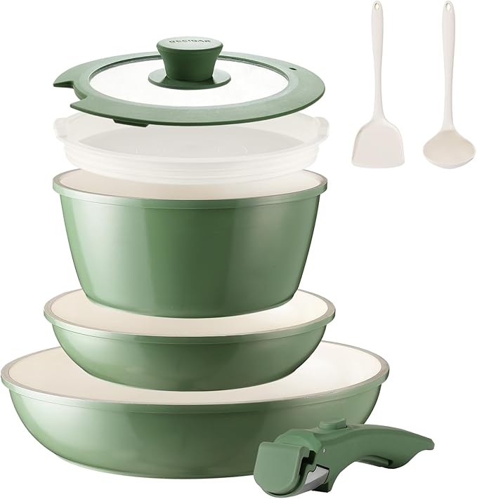 8PCS Ceramic CookwareNonstick Ceramic Pan Removable Handle Pots and Pans Set Stackable Set Nonstick Pan Pots and Pans Set Non Stick pot (Green)