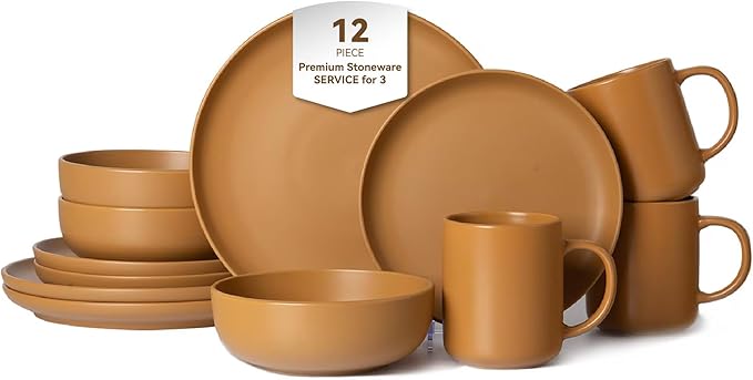 12-Piece Stoneware Dinnerware Set with Mugs Matte Glaze Microwave &amp Dishwasher Safe Stackable Service for 3 White (Orange of 3)