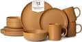 12-Piece Stoneware Dinnerware Set for 3 Matte Glaze Finish Mustard Yellow Microwave and Dishwasher Safe Includes Dinner Plates Salad Plates Bowls Mugs