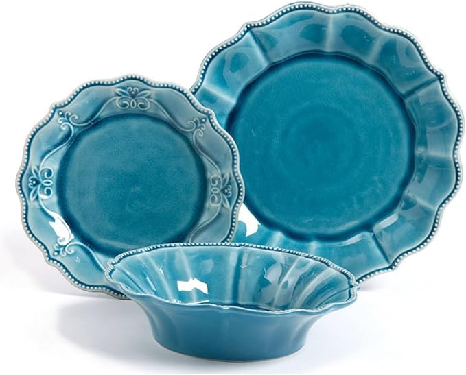12-Piece Dinnerware Set Denim Household Plate Bowl Embossed Tableware Combination(E)