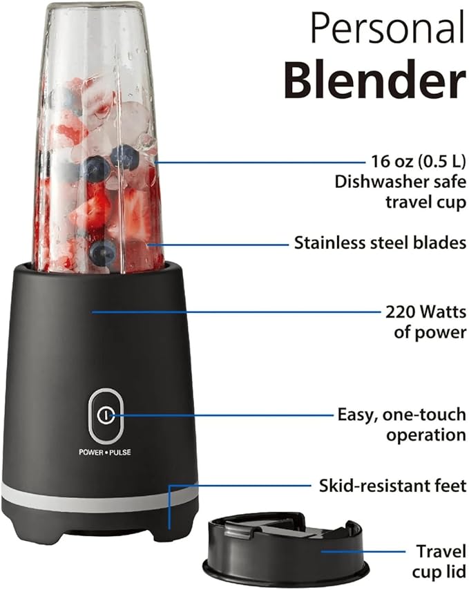 Black Single-Serve Blender with 1 Travel Lid Portable Blender for Shakes and Smoothies Stainless Steel Blades 16 oz New