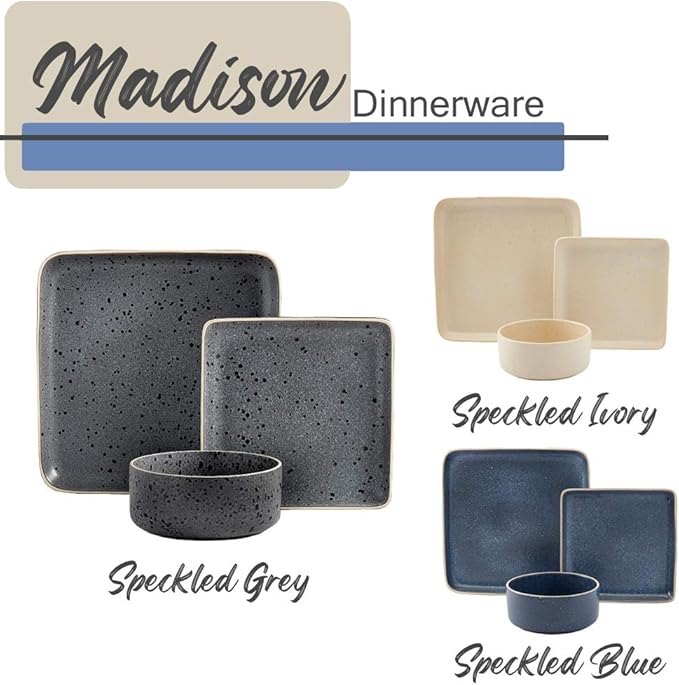 Tabletops Gallery Madison Fashion Dinnerware Collection- Square Contemporary Modern Reactive Glaze Dinner Salad Plate Bowl 4 Place Setting 12 Piece Madison Dinnerware set in Speckled Blue