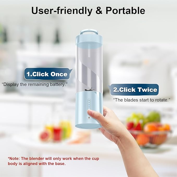 Portable Personal Blender for Fresh Juice Shakes and Smoothies - 16 Oz Mini Small Blender Bottle Cup with 6 Blades USB Rechargeable BPA Free for Kitchen Travel Office Gym