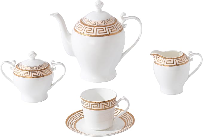 Lorren Home Trends 57 Piece Bone China Dinnerware Set Gold Greek Key Design Service for 8