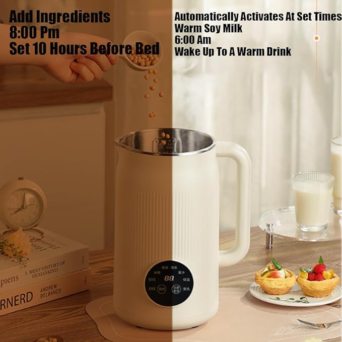 The 8-In-1 Multifunction Nut Milk &amp Juice Maker 8-In-1 Nut Milk Maker Machine Automatic Plant-Based Milks Blender with Delay Start Keep Warm Self-Cleaning (Beige)