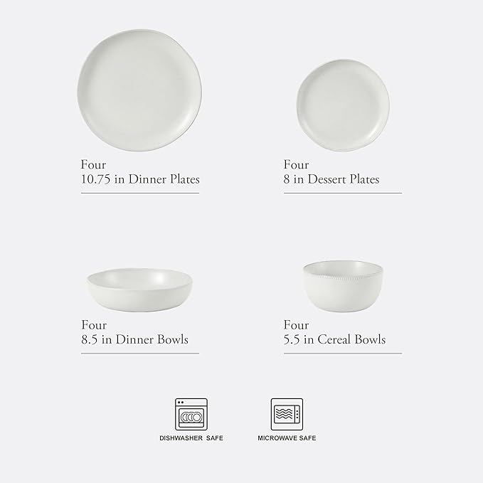 Gibson Elite Menlo Park 16-Piece Pottery Clay Stoneware Dinnerware Set – White Reactive Glaze Embossed Plates and Bowls W/Pasta Bowl Service for 4 – Microwave &amp Dishwasher Safe