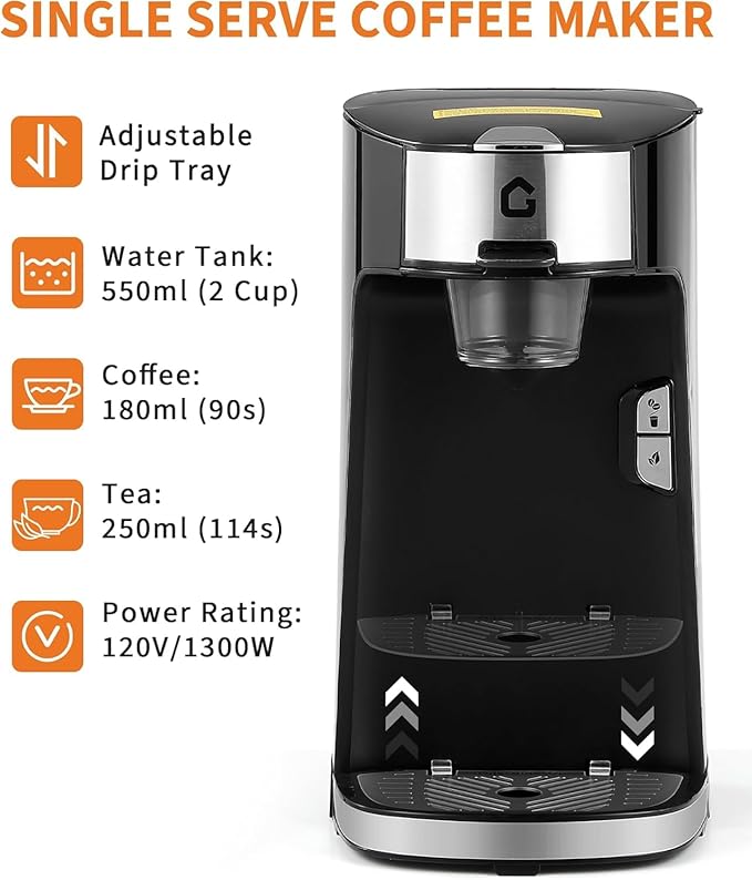 Single Serve Coffee Maker kcup coffee machine withOne-Button Fast Brew for Capsule Ground &amp Tea Portable Coffee Maker for Home Office RV Camping Auto Shut Off Adjustable Tray