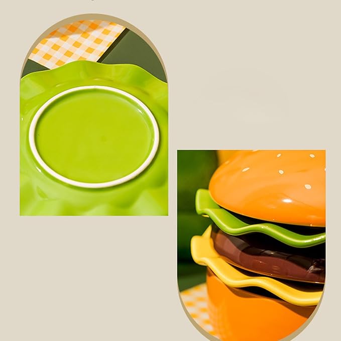 Burger Plate Set - Stackable Ceramic Dinnerware | Cute Appetizer Serving Plates with Smooth Glazed Finish Durable Oven Design &amp Space Saving Stackable Structure for Parties Picnics Home D