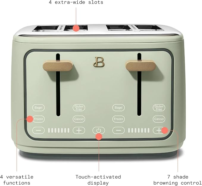 4 Slice Toaster with Touch Control Panel 1800W Fast Heating 7 Toast Shade Levels Extra Wide Slots for Bagels Removable Crumb Tray (Sage Green)