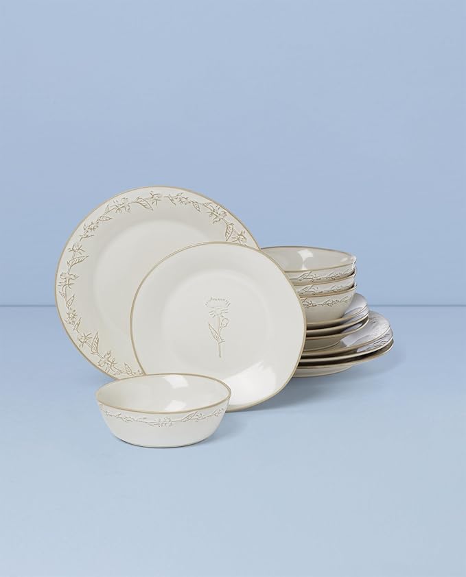 Lenox Dinnerware Set Homespun 12-Piece Set Service For 4 Stoneware Material Dishwasher &amp Microwave Safe Home And Kitchen Dishes Kitchen And Dining Plates And Bowls Sets (White 12 Pieces)