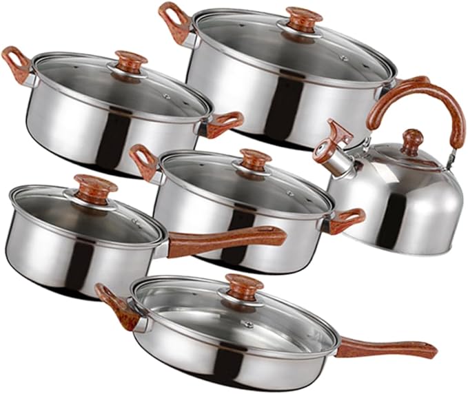 Amosfun 12-Piece Heavy-Duty Stainless Steel Cookware Set Induction Compatible Includes Soup Pot Fry Pan Small Milk Pan and Kettle for Home Kitchen