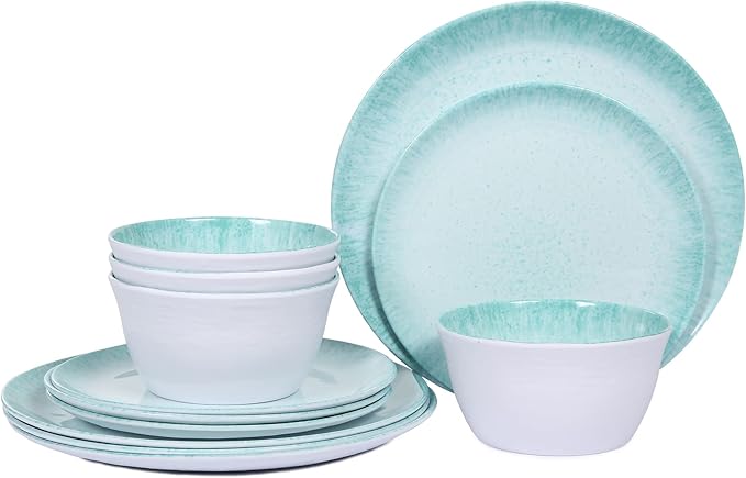 Melamine Dinnerware Set – 4 Dinner Plates 4 Salad Plates 4 Cereal Bowls – Shatterproof Lightweight &amp Stylish for Everyday Dining Outdoor Camping and RV Use