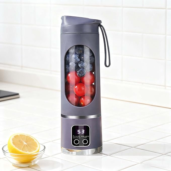 Portable Juicer USB Rechargeable 1500mah Battery 3 Speed Cooking Machine with Display 450ML Electric Juicer Easy Clean Design for Smoothies Ice Crushing Gym Fresh Fruit Juices (White)