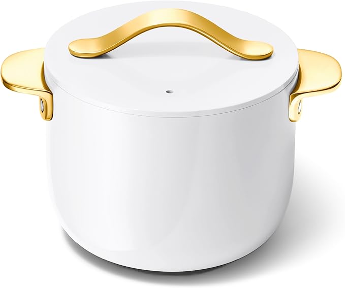 Caraway Petite Cooker - 2 Qt Ceramic Coated Pot - Free From Forever Chemicals - Perfect for Rice Grains or Sauces - White