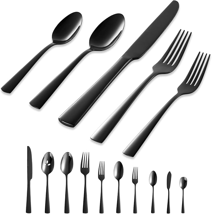 Black Silverware Set 45-Piece Flatware Set Service for 8 Durable Stainless Steel Mirror Polished Tableware Eating Cutlery Set Kitchen Utensils Set with Steak Knives Dishwasher Safe