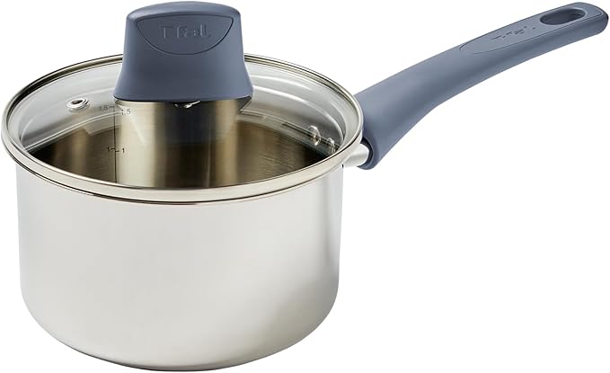 T-fal Essentials Stainless Steel Sauce Pan with Lid 3.2 Quart All Cooktops Including Induction Oven Safe 350F Multipurpose Saucepan Chef's Classic PotMeasuring Marks Dishwasher Safe Silver/Blue