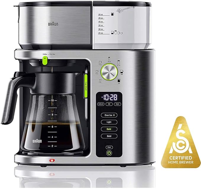 Braun MultiServe Coffee Machine 7 Programmable Brew Sizes / 3 Strengths + Iced Coffee &amp Hot Water for Tea Glass Carafe (10-Cup) White KF9150WH
