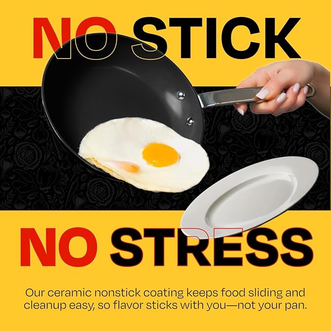 Guy Fieri's Flavortown 2-Piece Ceramic Cookware Set Nonstick Frying Pan Set 10 and 12 Easy-Clean Kitchen Cookware Made without PFAS PTFE PFOA Induction Compatible Oven &amp Dishwasher Safe Bl