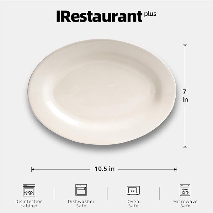 Stoneware Wide Rim Commercial Grade Dinnerware America White Oval Platter 10 1/2 x 7 Case of 12