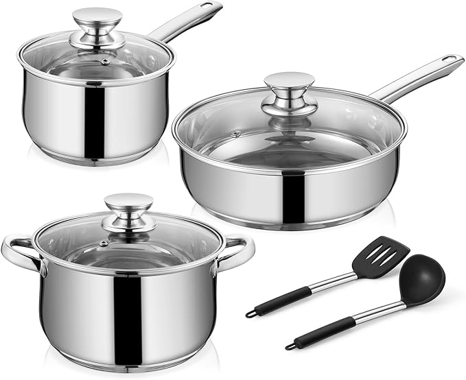 Walchoice 8-Piece Stainless Steel Cookware Set Kitchen Pots and Pans Set with Glass Lid for Cooking Kitchen Cookware Set with Utensils Induction &amp Dishwasher Safe Silver