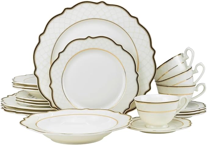 Peak View Collection GP6664-20 20-Piece Bone China Dinnerware Set Super White Fine China Service for 4 Elegant Gift Boxed Plates Cups and Saucers Dishwasher Safe Luxury Dining Set