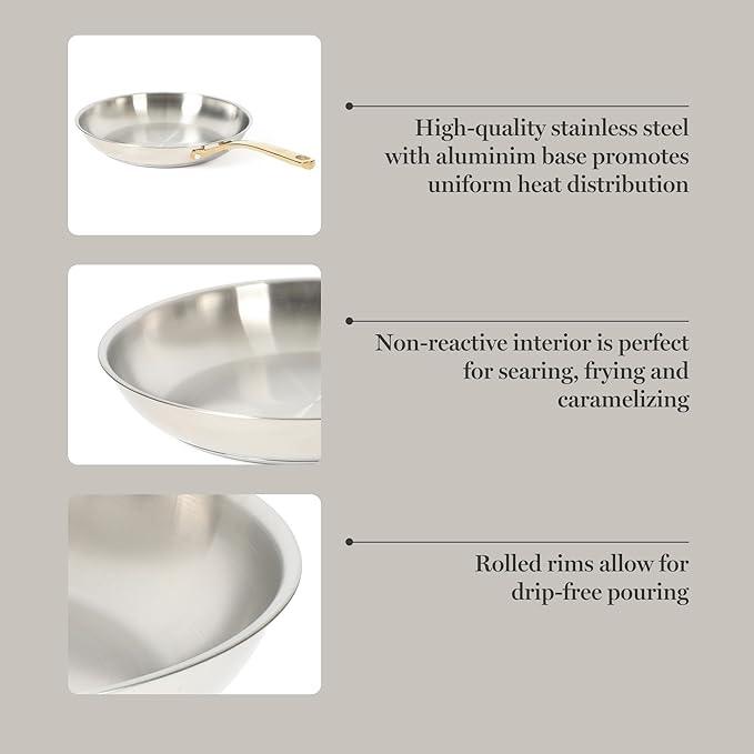 Martha Stewart Castelle 12-Inch Stainless Steel Frying Pan with Gold-Tone Handle – Tri-Ply Encapsulated Bottom Oven Safe &amp Induction Safe Skillet for Searing and Sautéing