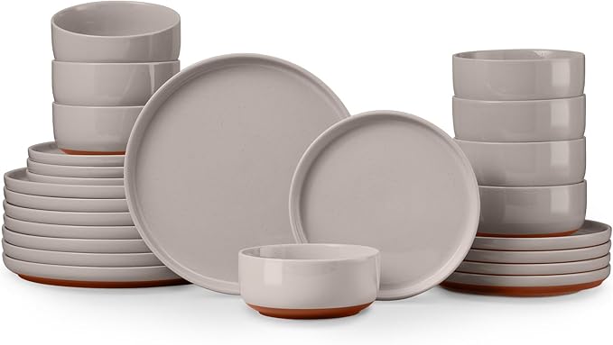 E-far 24-Piece Ceramic Dinnerware Sets Plates and Bowls Sets for 8 Stoneware Dishware Dishes Set with Terracotta Base Chip &amp Scratch Resistant Microwave &amp Dishwasher Safe Speckled Khaki