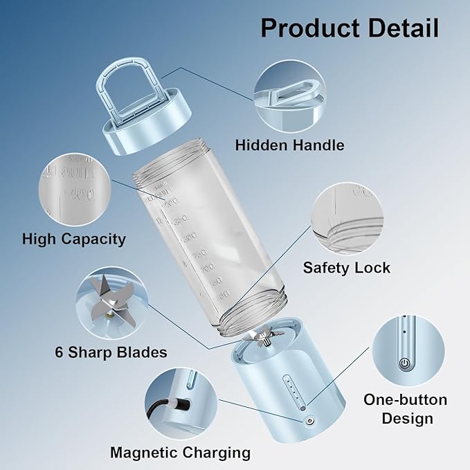 Portable Personal Blender for Fresh Juice Shakes and Smoothies - 16 Oz Mini Small Blender Bottle Cup with 6 Blades USB Rechargeable BPA Free for Kitchen Travel Office Gym