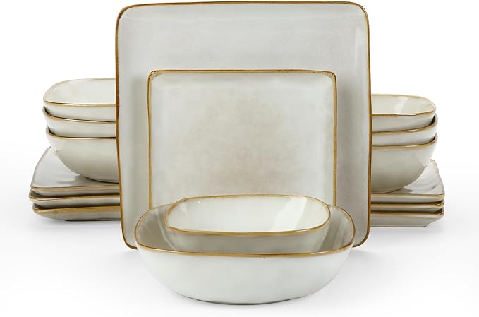 Famiware Ocean Square Plates and Bowls Sets for Kitchen 16-Piece Dinnerware Sets for 4 Reactive Glaze Cappuccino White