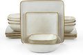 Famiware Ocean Square Plates and Bowls Sets for Kitchen 16-Piece Dinnerware Sets for 4 Reactive Glaze Cappuccino White