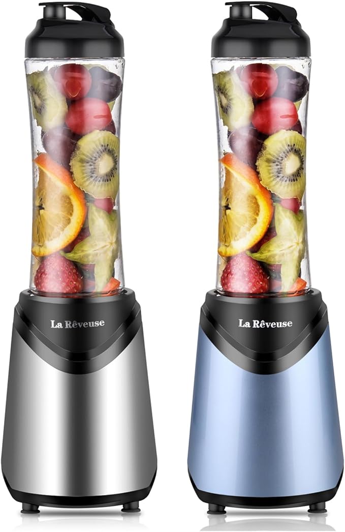 La Reveuse Smoothies Blender Personal Size 300 Watts with 18 oz BPA-Free Portable Travel Sports Bottle(Silver+ Light Blue)