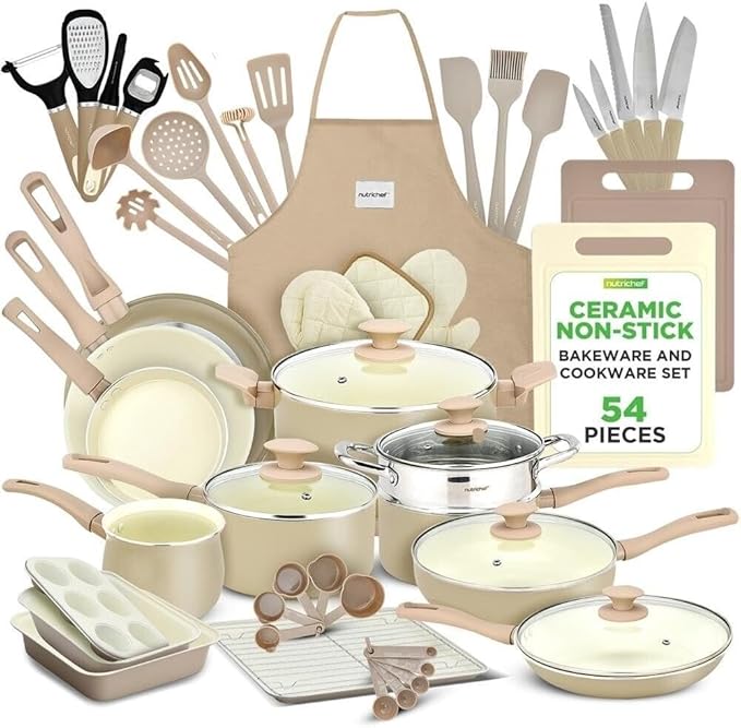 54-Piece Professional Marble Non-Stick Cookware &amp Bakeware Set - Versatile Collection with Multi-Sized Pots Pans &amp Heat-Resistant Kitchen Tools for Home Cooking