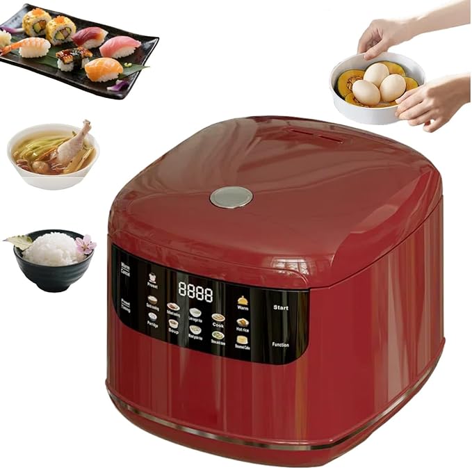 Smart Titanium Inner Pot Rice Cooker 2L 10-in-1 Multicooker with Steamer Basket 7-Stage Heating &amp 400W Power Nonstick Coating Color Display Timer Keep Warm (Red)